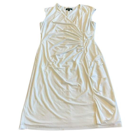 Lauren Ralph Lauren White Shift Dress Ruched Sleeveless Ruffle Stretch Size 14 - Picture 1 of 11